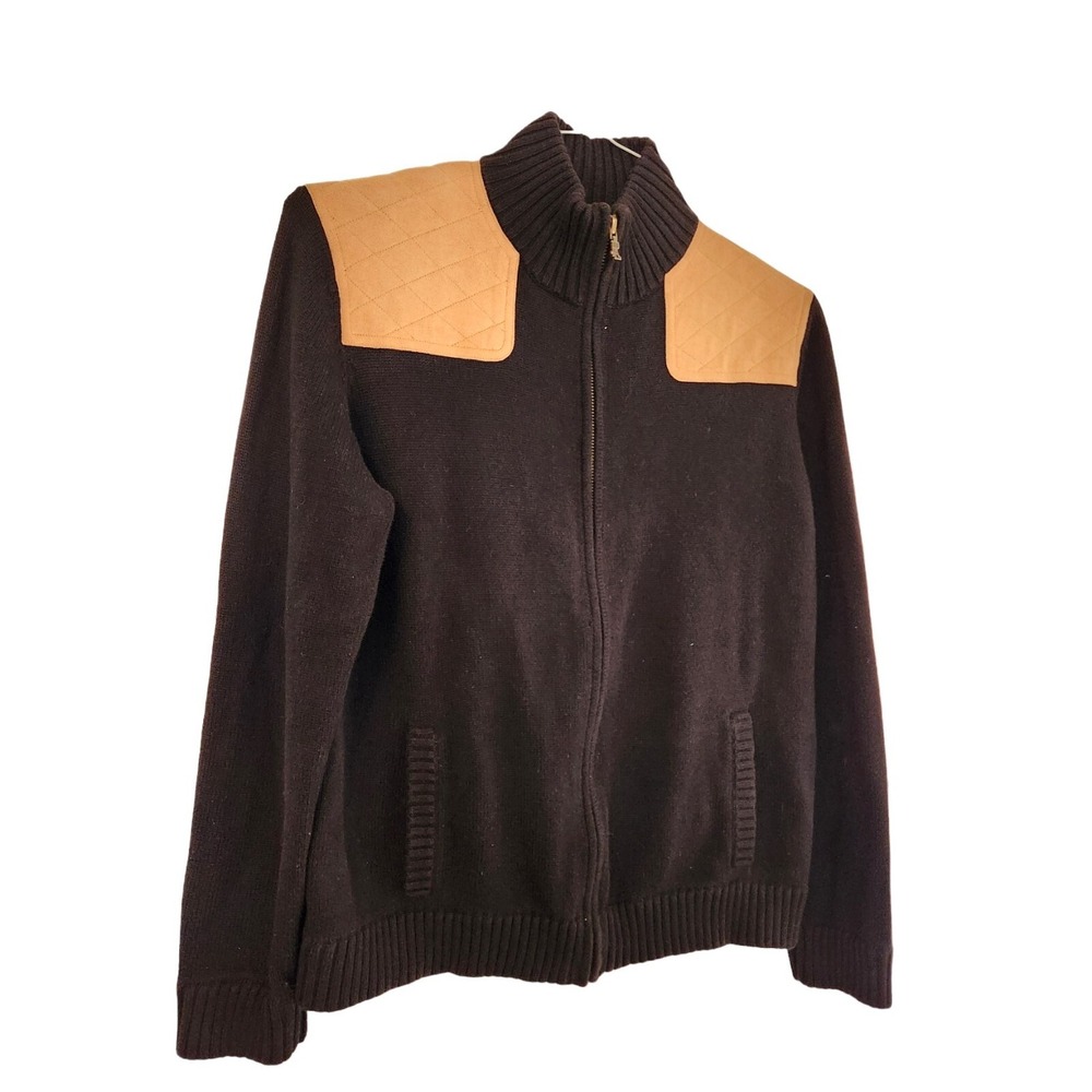 Ralph Lauren Womens Large Black Equestrian Zip Up Cardigan Cotton Suede Patches